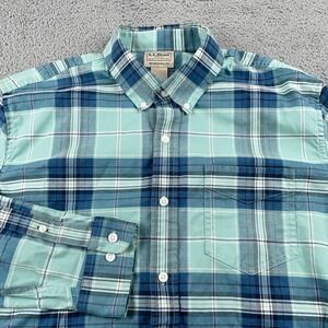 LL Bean Shirt Mens Medium Blue Plaid Comfort Stretch Oxford Traditional Fit
